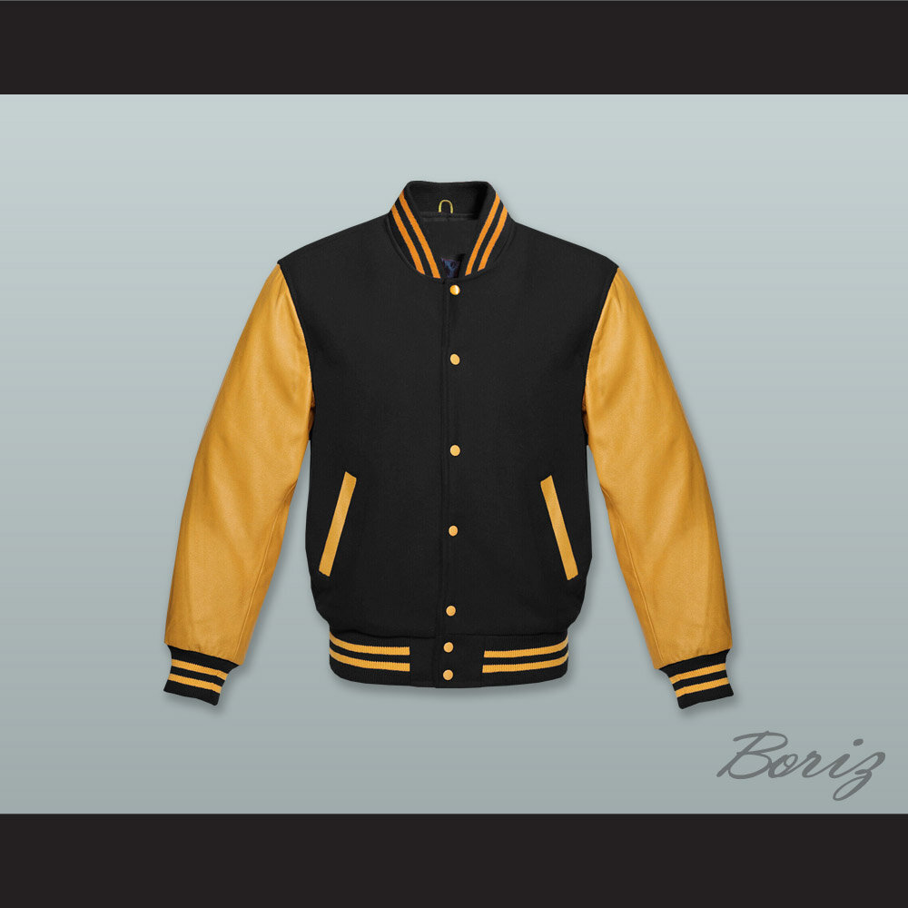 Black and Gold Wool with Lab Leather Varsity Letterman Jacket  1.jpg