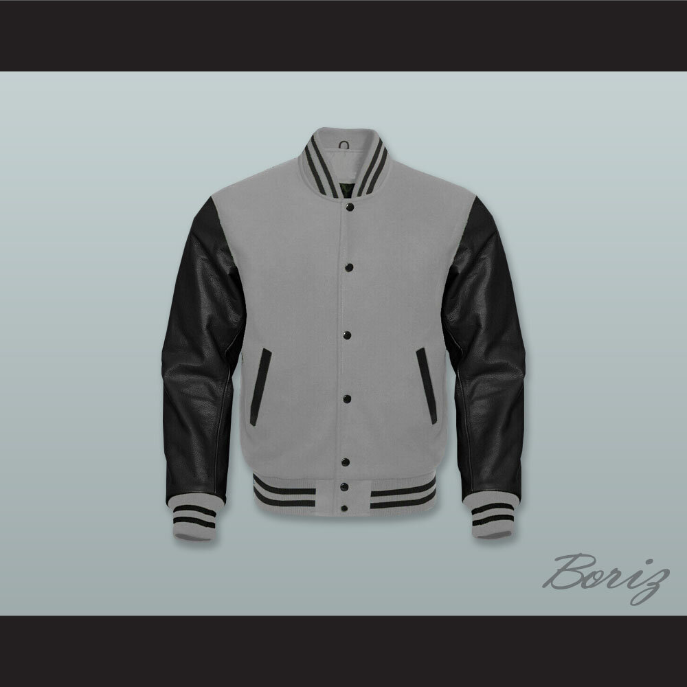 Gray Wool and Black Lab Leather Varsity Letterman Jacket  1.jpg