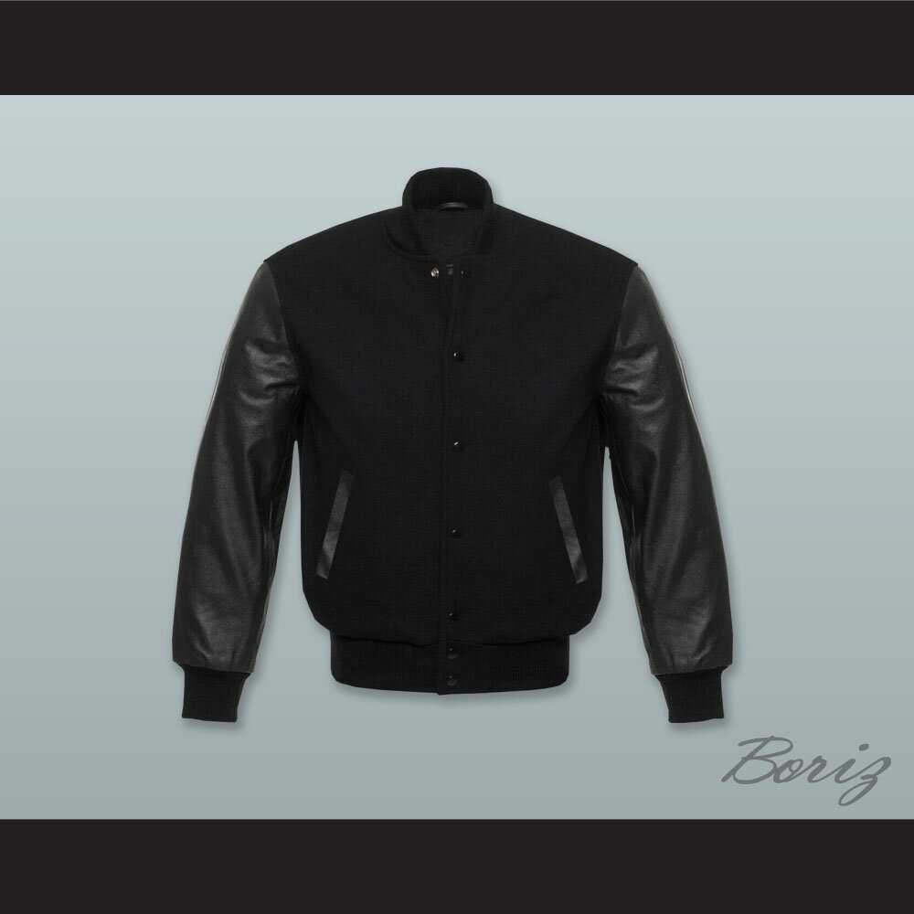 Black Wool and Black Lab Leather Varsity Letterman Jacket  1.jpg