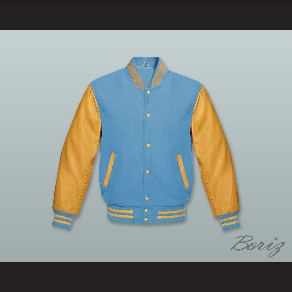 Light Blue Wool and Gold Lab Leather Varsity Letterman Jacket  1.jpg