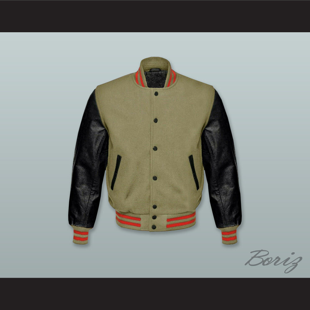 Olive Green Wool and Black Lab Leather Varsity Letterman Jacket  1.jpg