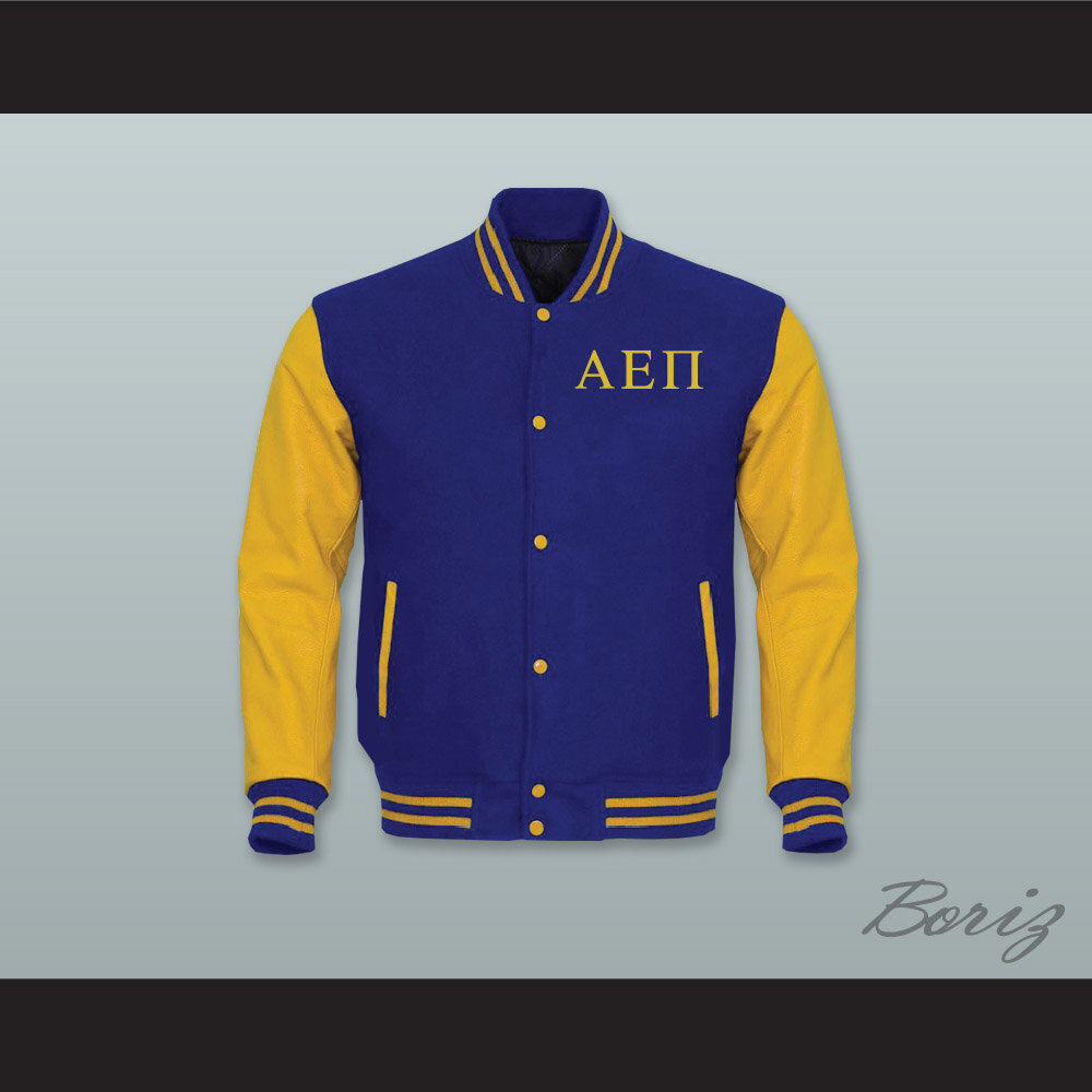 Alpha Epsilon Pi Fraternity Royal Blue Wool and Yellow Gold Lab Leather Varsity Letterman Jacket  1.jpg