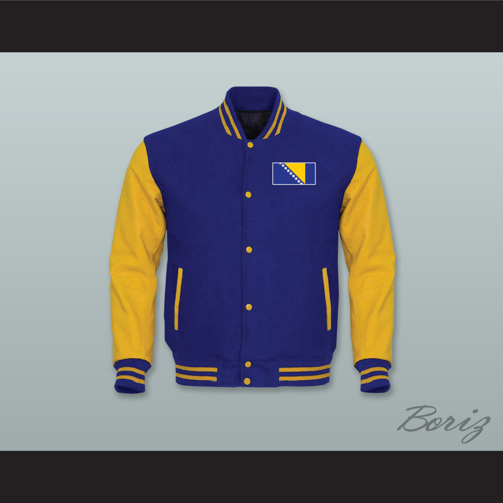 Bosnia and Herzegovina Royal Blue Wool and Yellow Gold Lab Leather Varsity Letterman Jacket  1.jpg