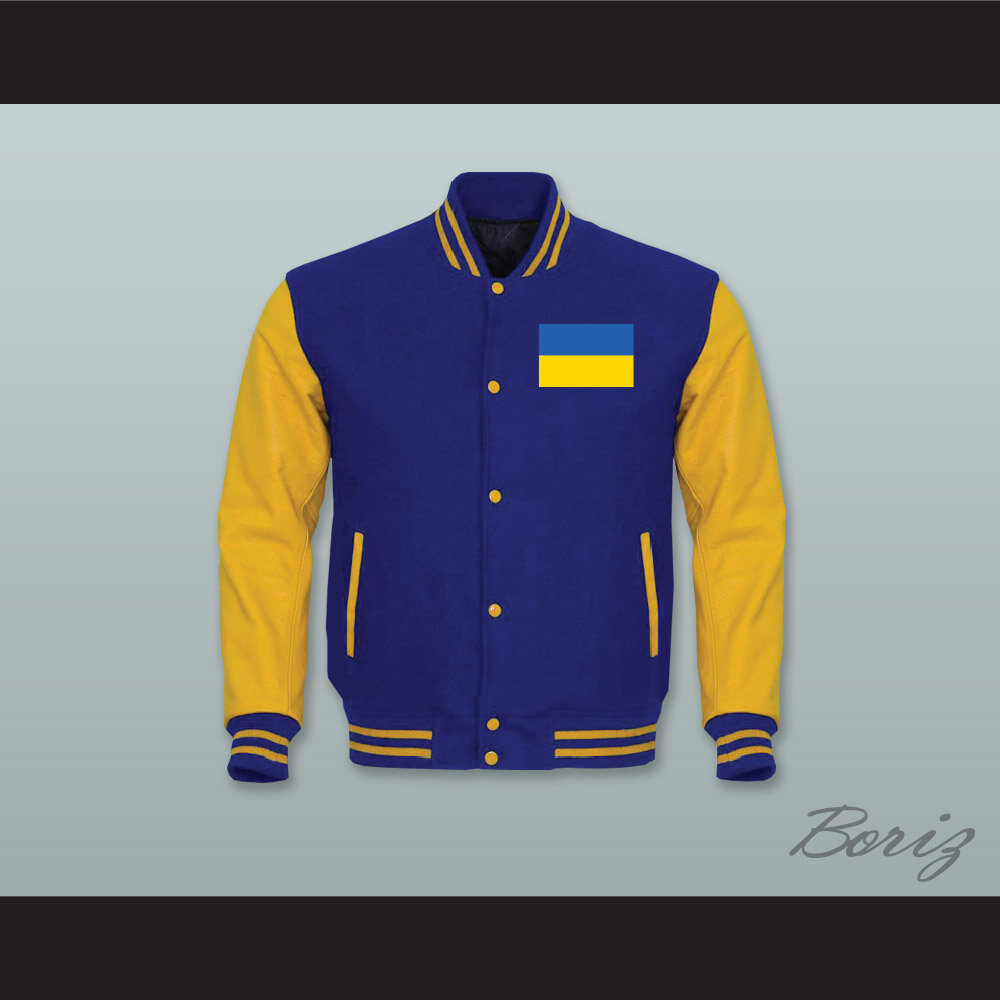 Ukraine Royal Blue Wool and Yellow Gold Lab Leather Varsity Letterman Jacket   1.jpg