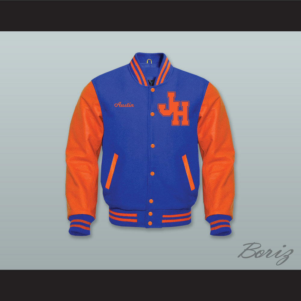 Austin John Hughes High School Royal Blue Wool and Orange Lab Leather Varsity Letterman Jacket  1.jpg