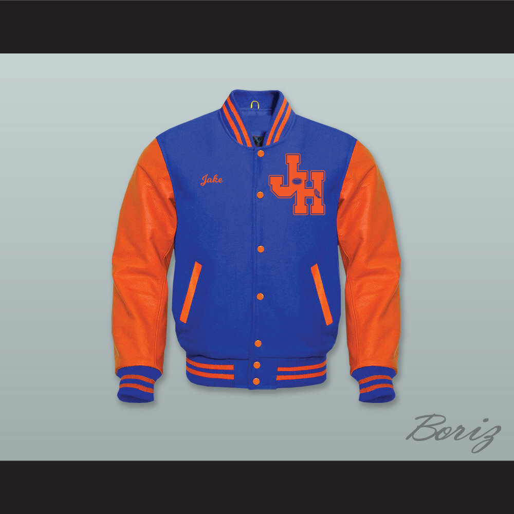 Jake Wyler John Hughes High School Royal Blue Wool and Orange Lab Leather Varsity Letterman Jacket  1.jpg