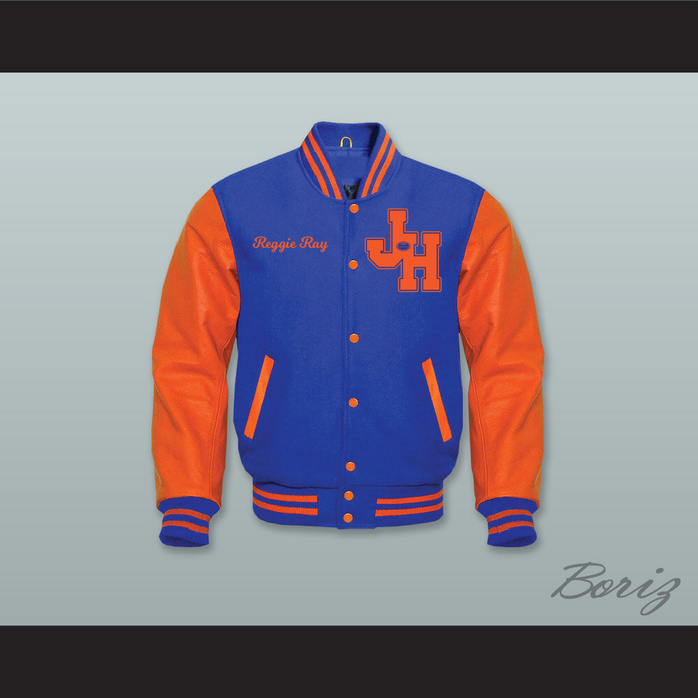 Reggie Ray John Hughes High School Royal Blue Wool and Orange Lab Leather Varsity Letterman Jacket  1.jpg