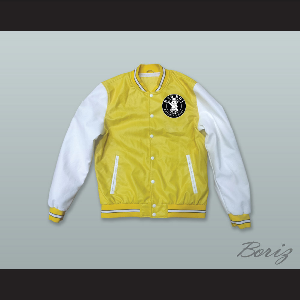 Bad Boy Entertainment Yellow and White Lab Leather Varsity Letterman Jacket  1.jpg