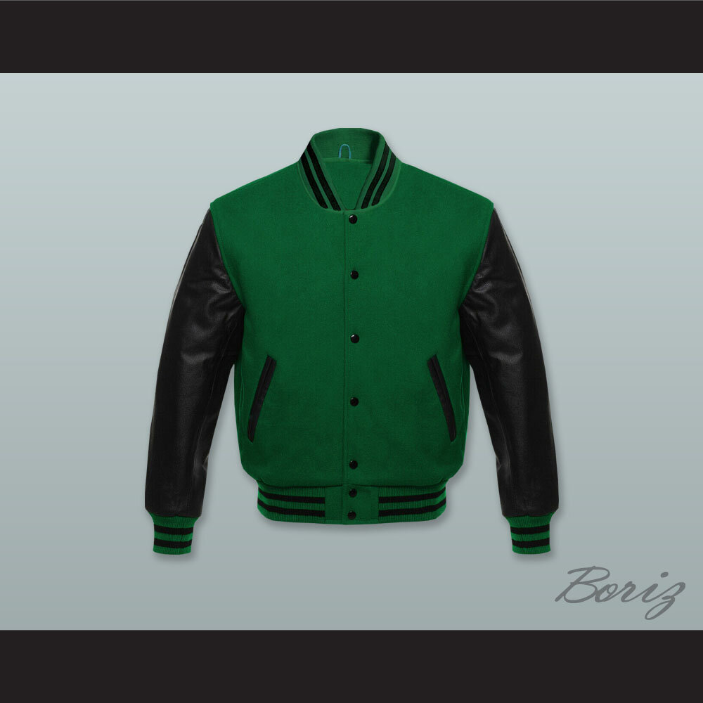 Green Wool and Black Lab Leather Varsity Letterman Jacket  1.jpg
