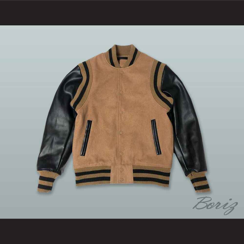 Tan Wool and Black Lab Leather Varsity Letterman Jacket  1.jpg